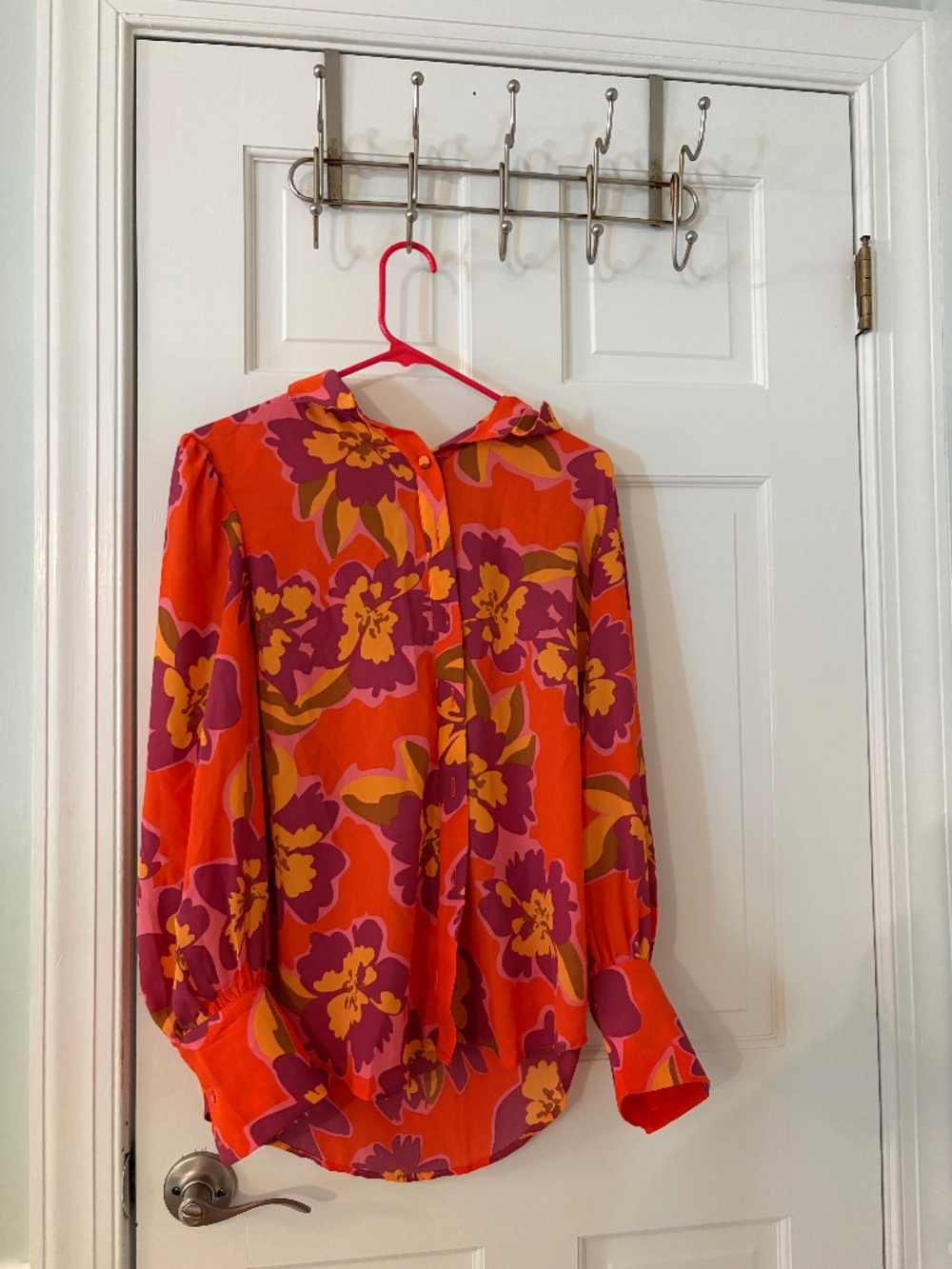 Orange Floral Button-Up Blouse Long Sleeve